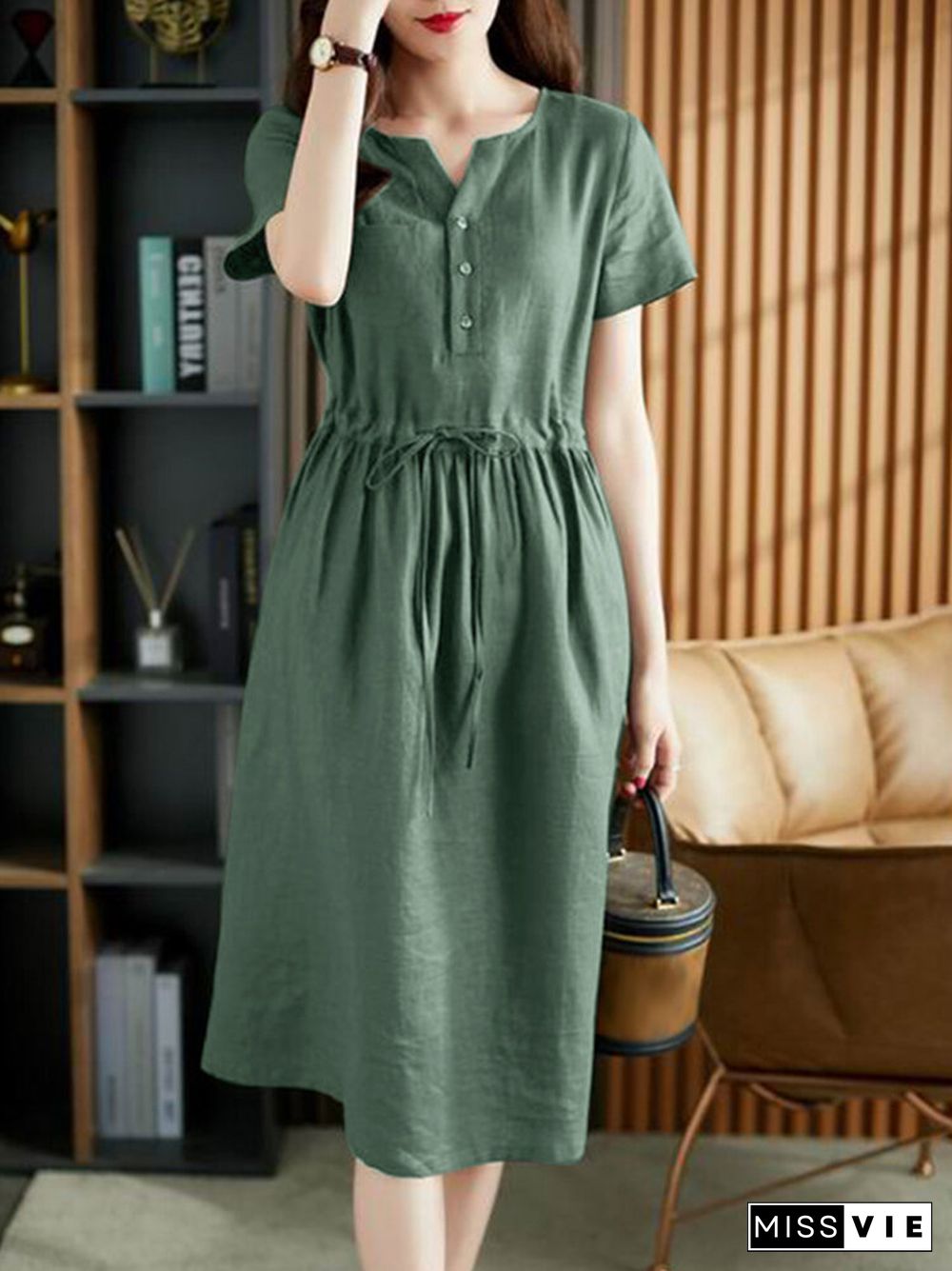 Solid Pocket Drawstring Waist Button Short Sleeve Dress