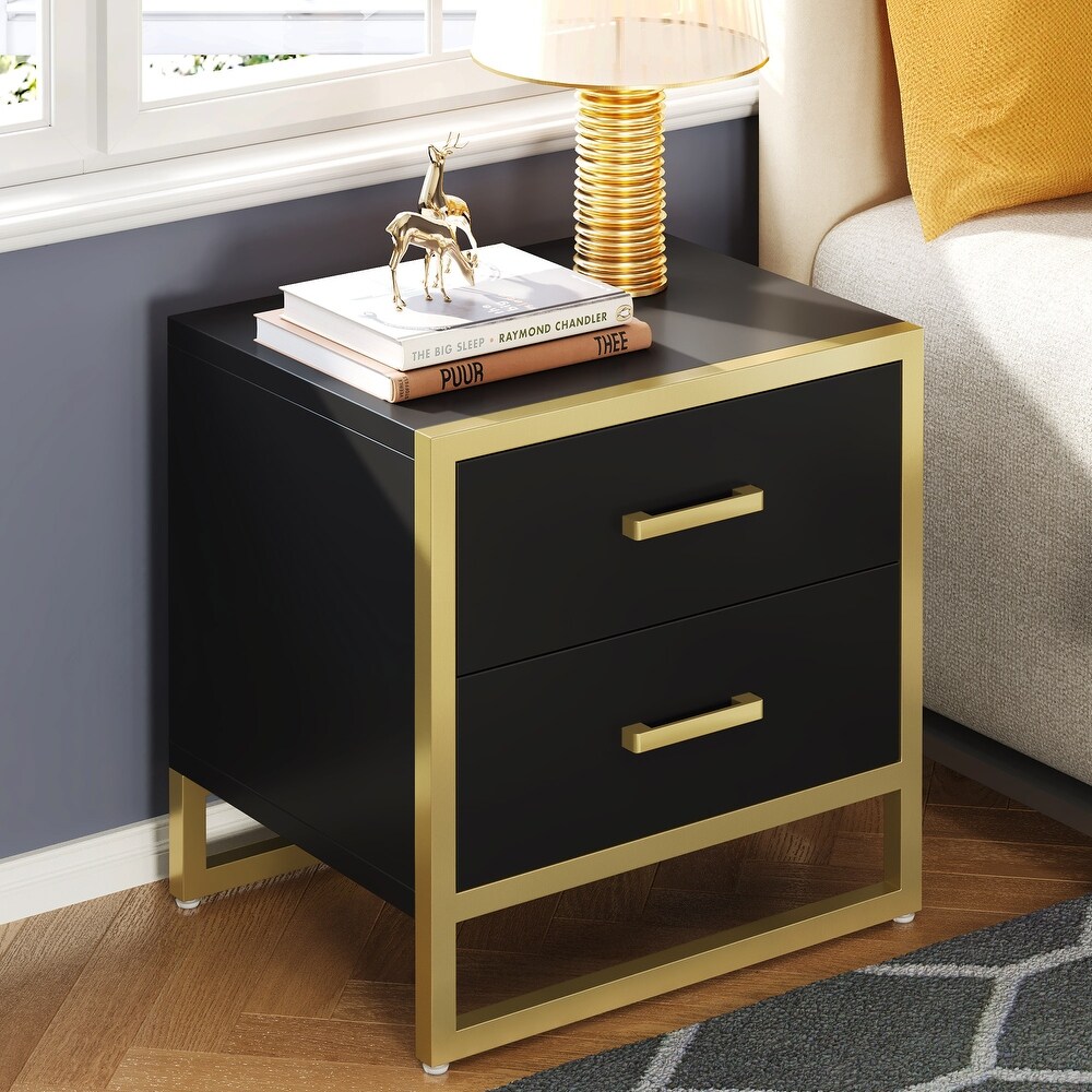 Hussain Wood 2 Drawer End Table Beside Bed Nightstand with Metal Frame