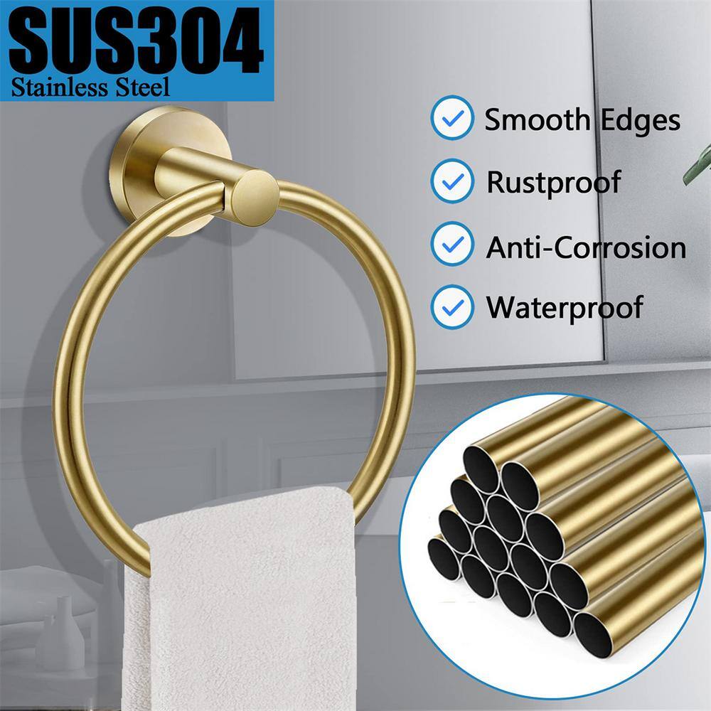 Cubilan Wall Mounted Round Stainless Steel Towel Ring Towel Storage Hanger in Brushed Gold HD-KY9