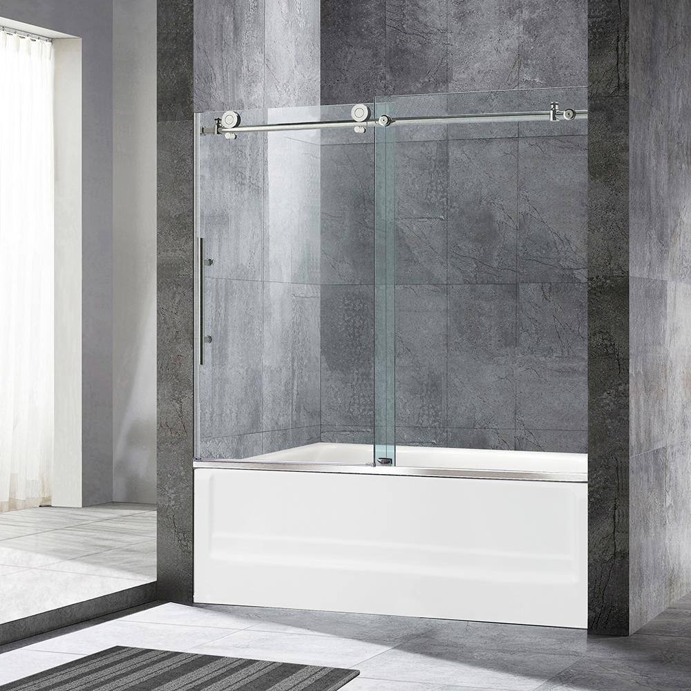 WOODBRIDGE Beccles 56 in. to 60 in. x 62 in. Frameless Sliding Bathtub Door with Shatter Retention Glass in Brushed Nickel HSD3627