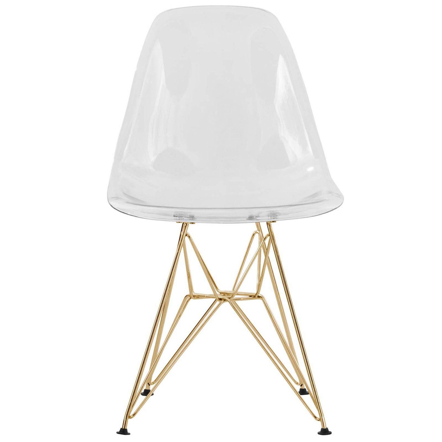 LeisureMod Cresco Molded Eiffel Side Chair with Gold Base， Set of 2 - Clear