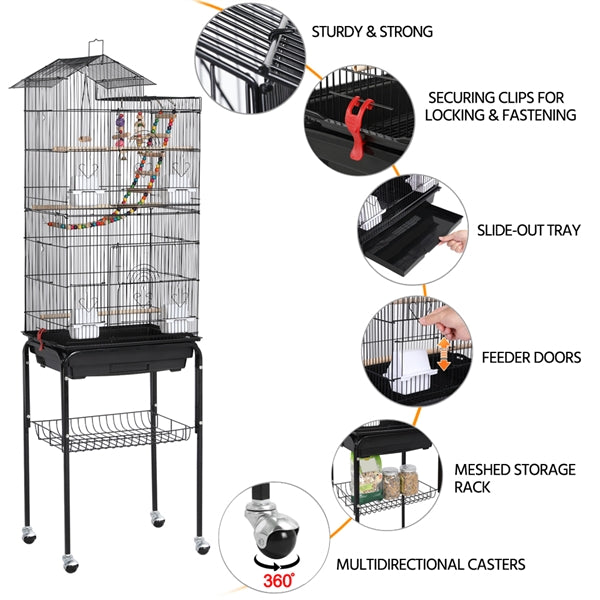 Topeakmart 62.4'' H Rolling Metal Bird Cage with Detachable Stand and Toys， Black