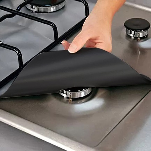 4pcs Reusable Gas Range Protector Gas Stove Burner Safe Non-Sticky and Easy to Clean Teflon Glass Fiber Black Protective Pad for Cleaning Kitchen Tools