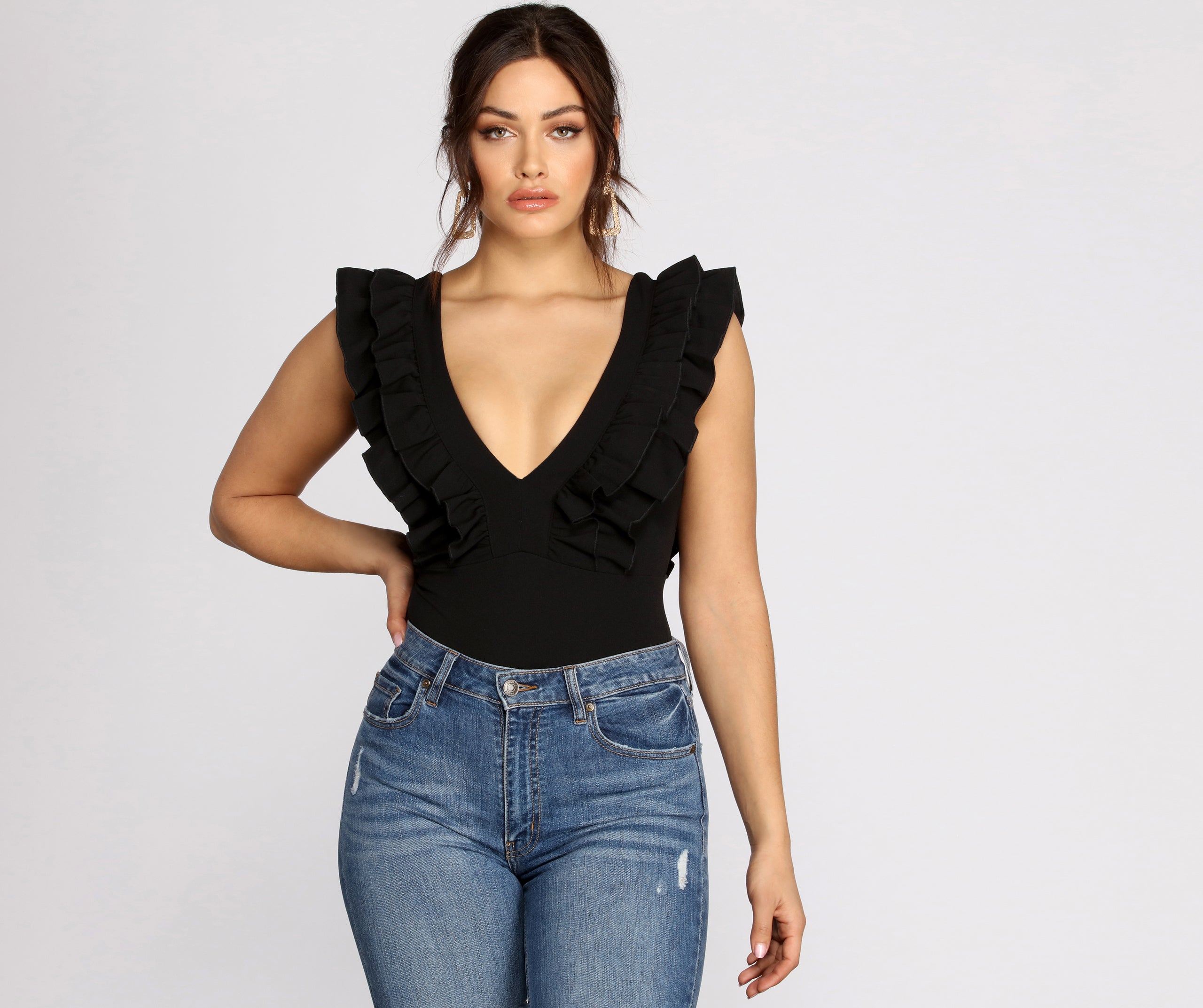 Ruffle It Up Deep V Neck Bodysuit