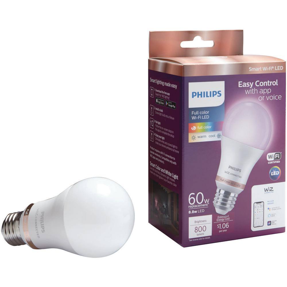 Philips 60-Watt Equivalent A19 LED Smart Wi-Fi Color Changing Smart Light Bulb powered by WiZ  Google Home Mini  (2-Pack) 562702