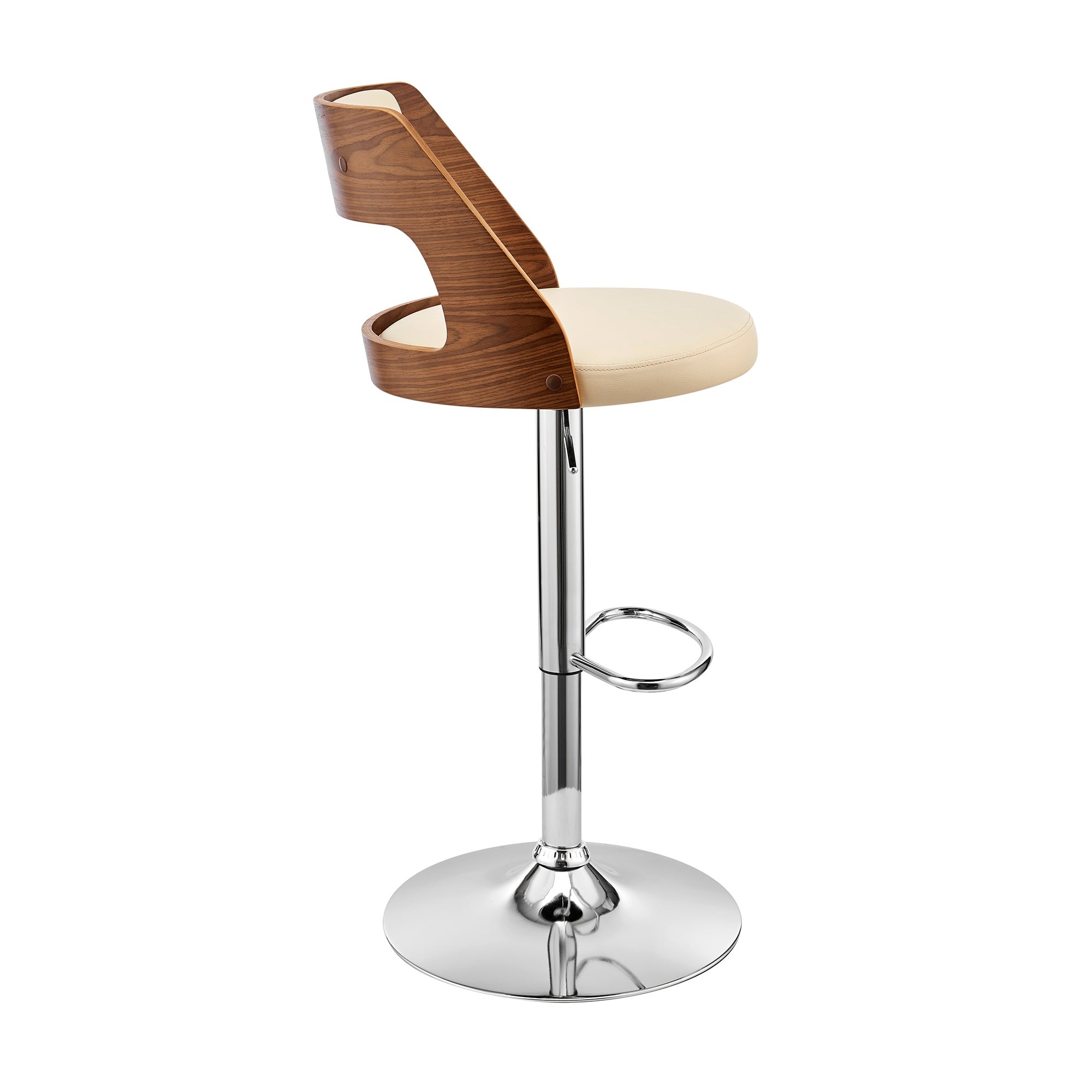 Itzan Adjustable Swivel Cream Faux Leather and Walnut Wood Bar Stool with Chrome Base