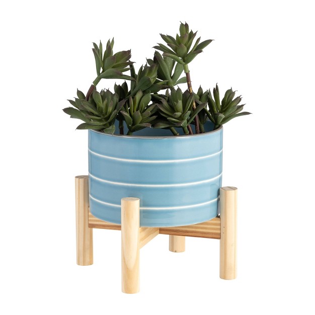 Sagebrook Home With Wood Stand Striped Ceramic Indoor Outdoor Planter Pot