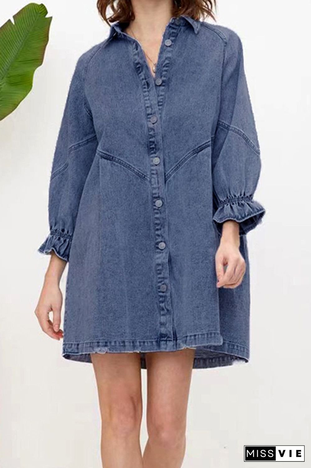 Vintage Washed Puff Sleeve Denim Mini Shirt Dress Wholesale