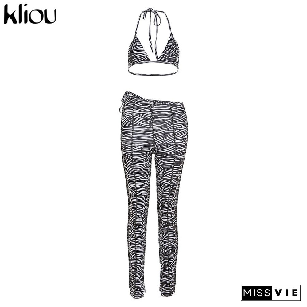 Kliou Zebra Pattern Print Matching Sets Women Sleeveless Sexy Backless Halter Top And  Bandage Pants Two Piece Outfits