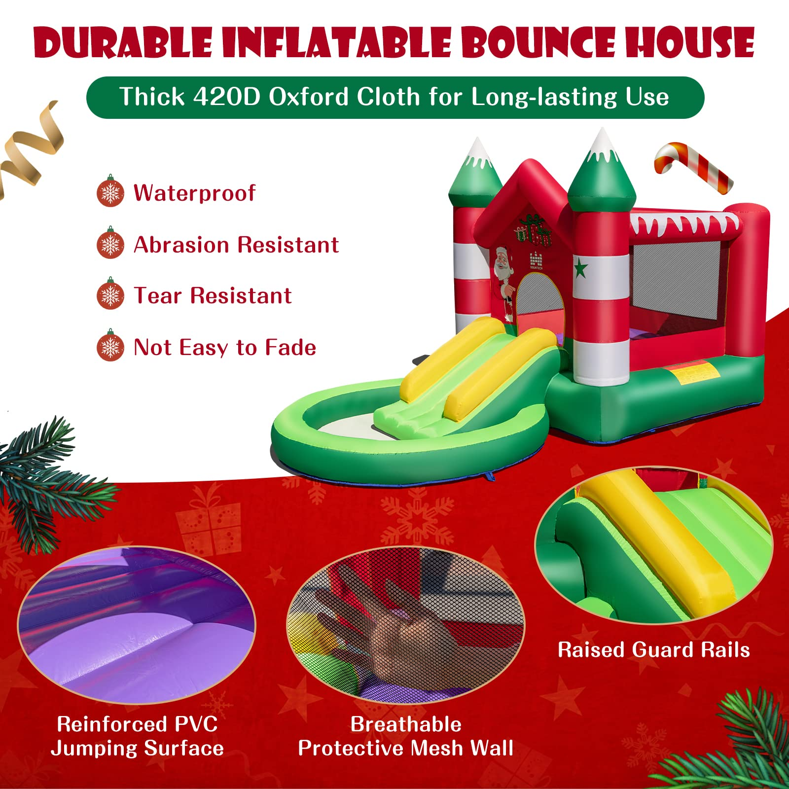 Costzon Inflatable Bounce House, Christmas Bouncy House for Kids Indoor Outdoor Party Family w/Jumping Area, Slide, Ball Pit Pool