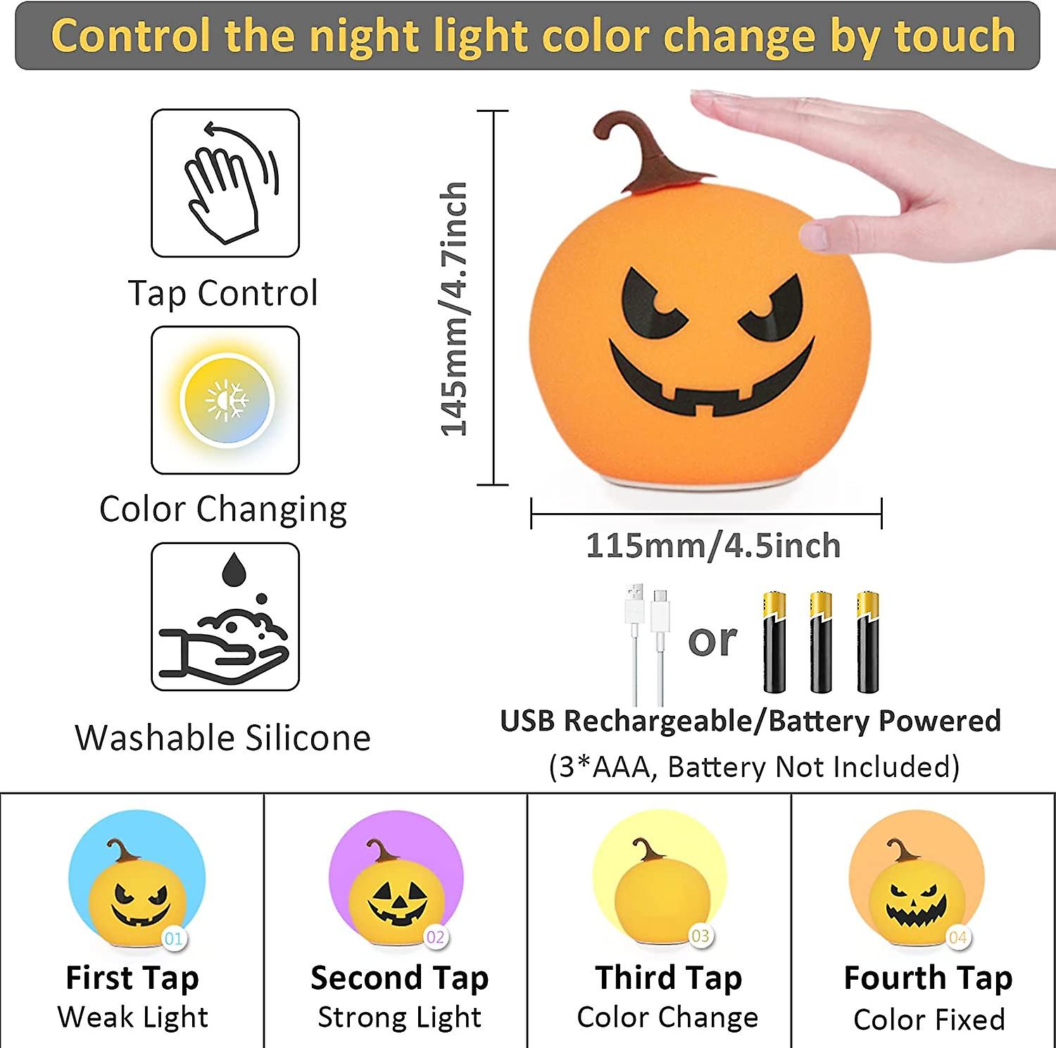 Liangnv Halloween Pumpkin Lights Cute Night Light For Kids 7 Color Changing Silicone Touch Baby Nursery Night Light Battery Powered Rechargeable Cute