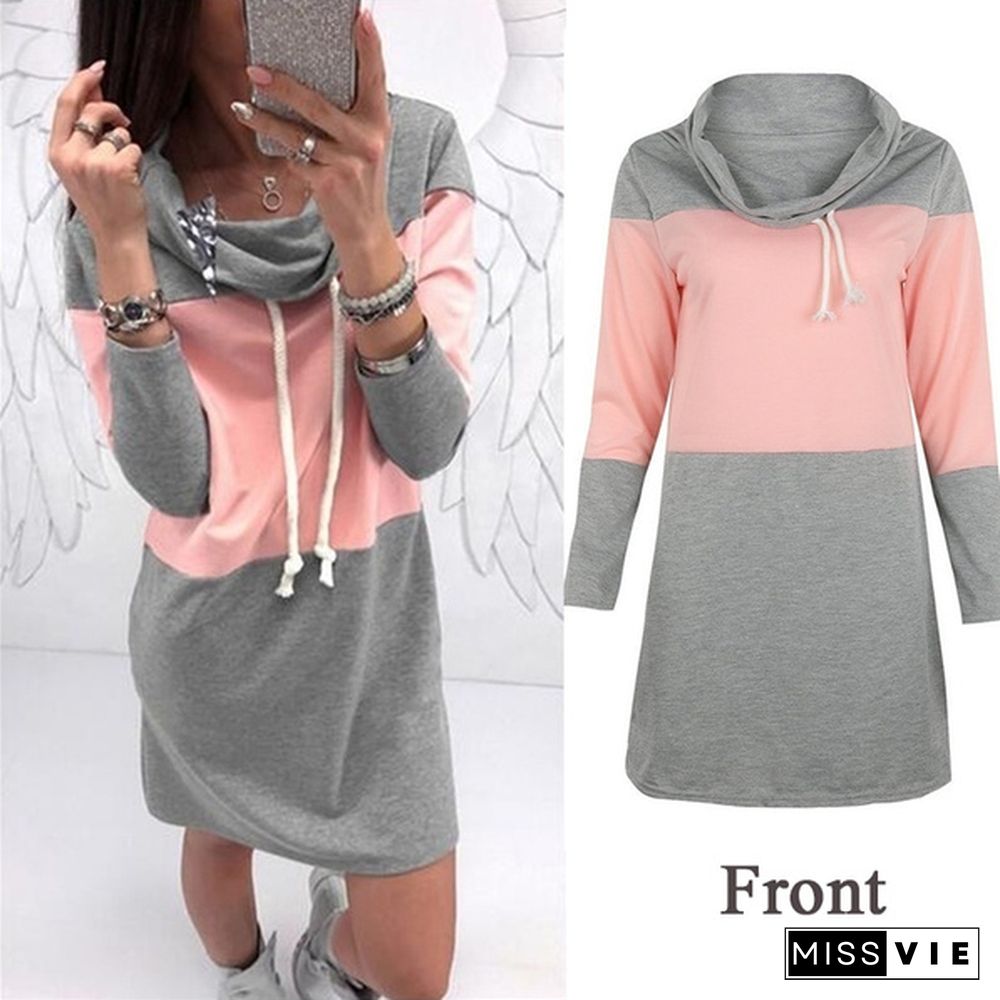 Casual Autumn Women Long Sleeve High Collar Patchwork Maxi Sport Sweatshirt Dress