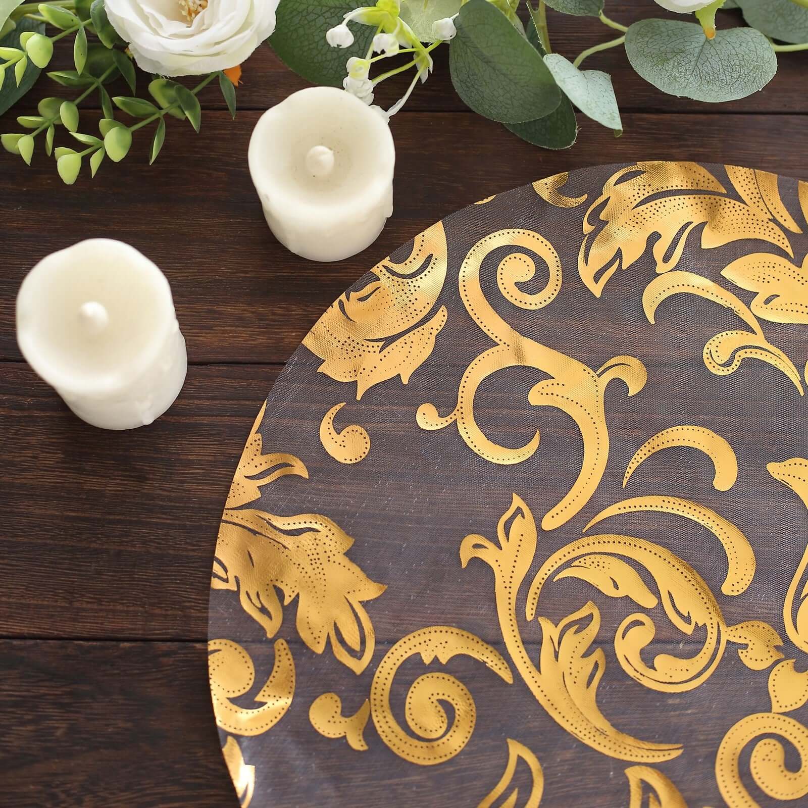 10 Pack Metallic Gold Sheer Organza Round Placemats with Swirl Foil Floral Design, 13