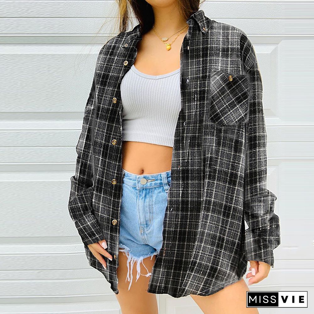 Ladies Loose Retro Long Sleeve Plaid Shirt