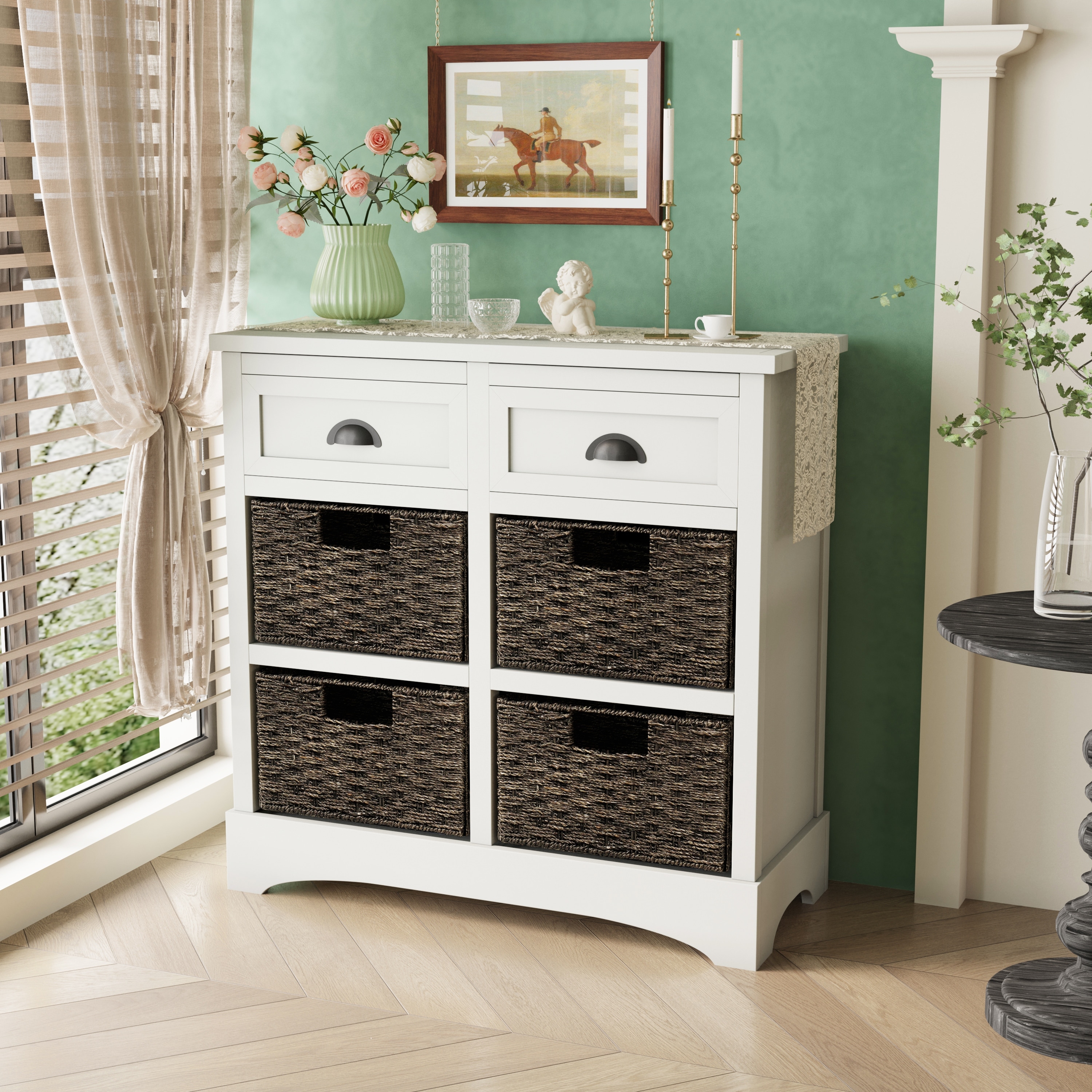 Rustic Storage Cabinet with Two Drawers and Four Classic Rattan Basket for Dining Room/Living Room