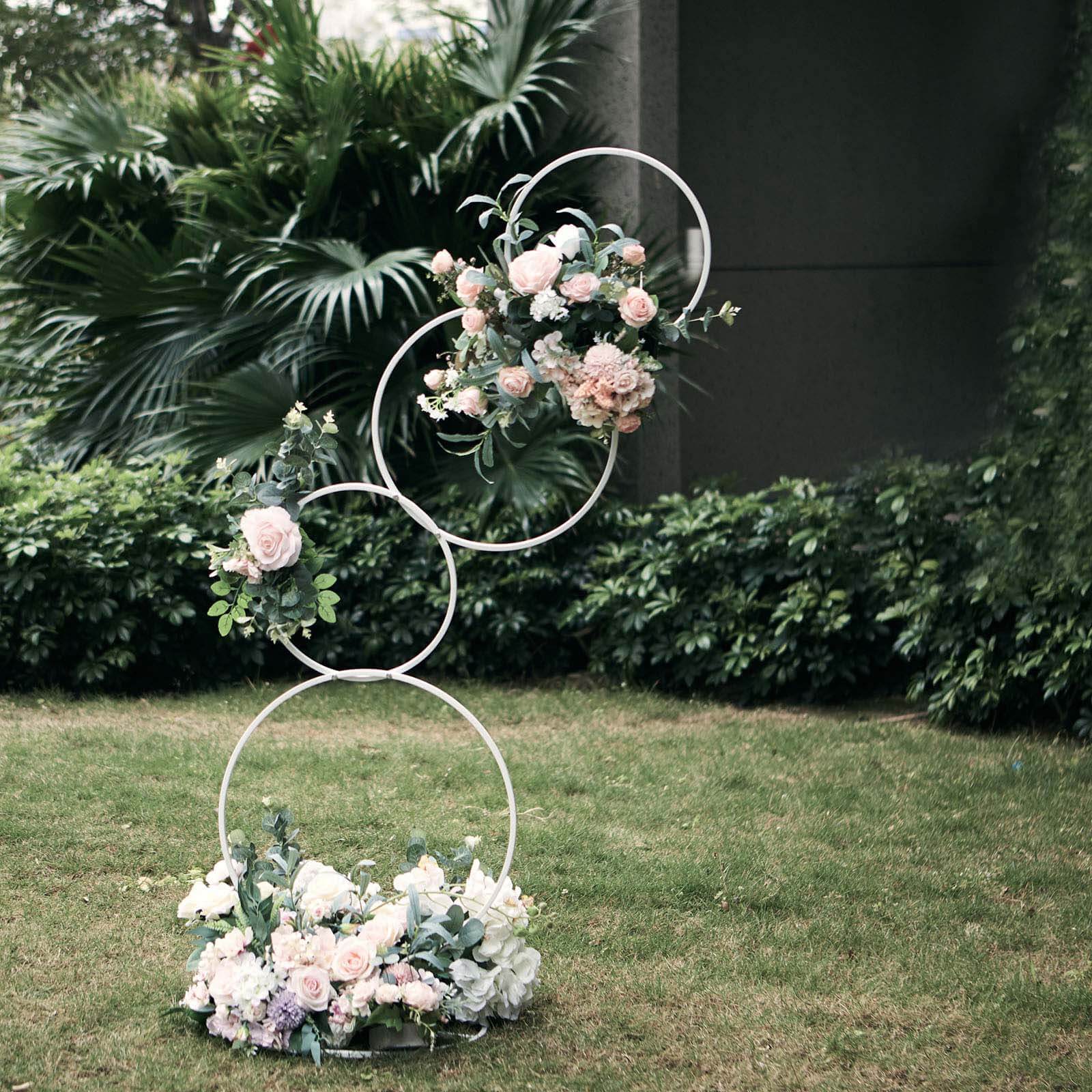 4-Tiered White Hoop Pillar Flower Stand, Metal Wedding Arch Table Centerpiece - Hoop Wreath 5ft