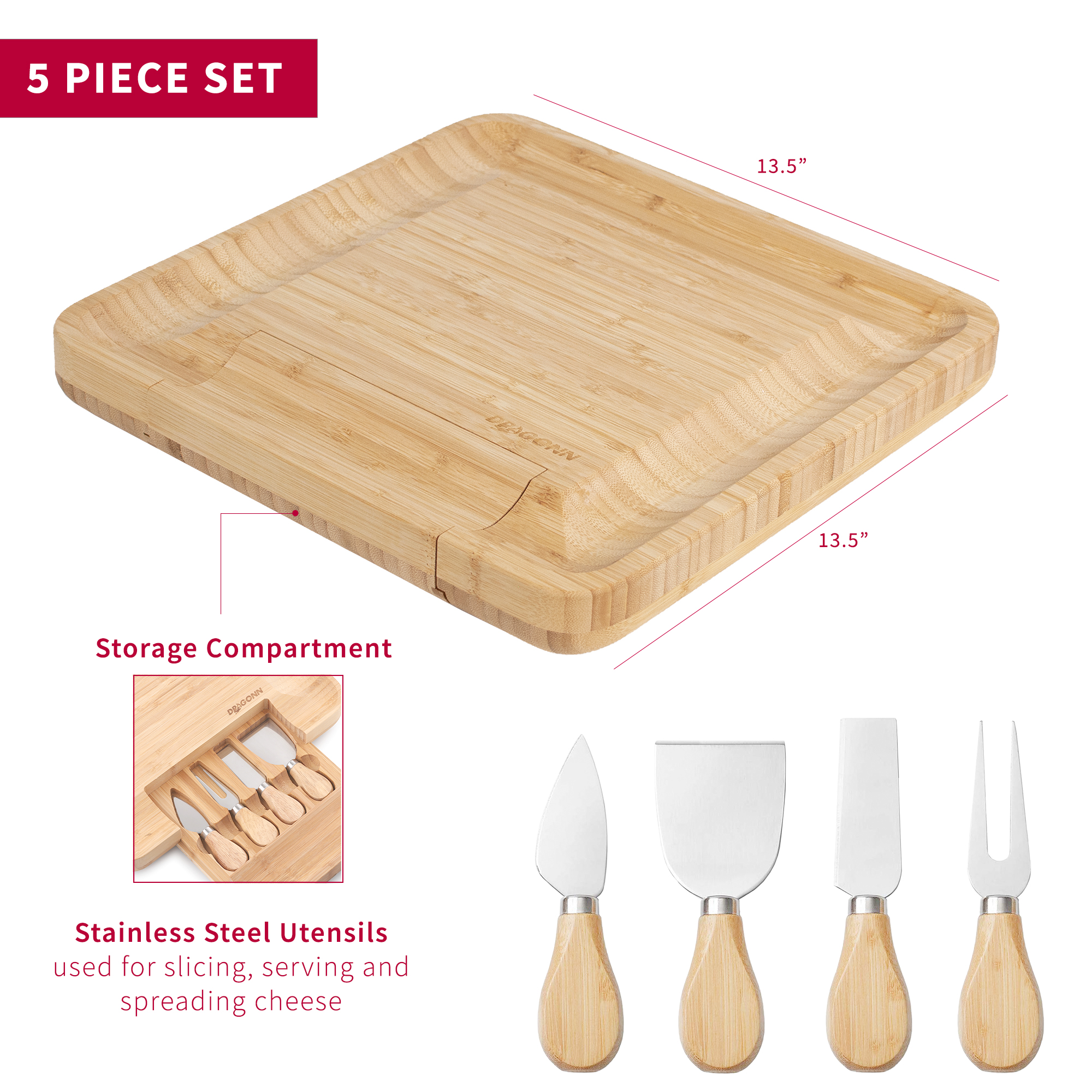 DRAGONN Natural Bamboo Cheese Board and Charcuterie Platter with Hidden Drawer