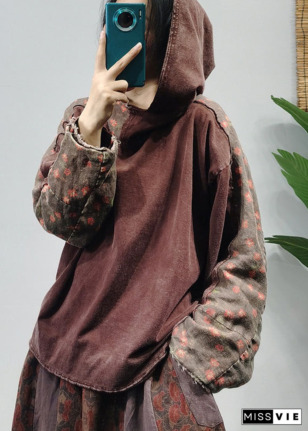 Simple Green Hooded Print Linen Sweatshirts Tracksuits Long Sleeve