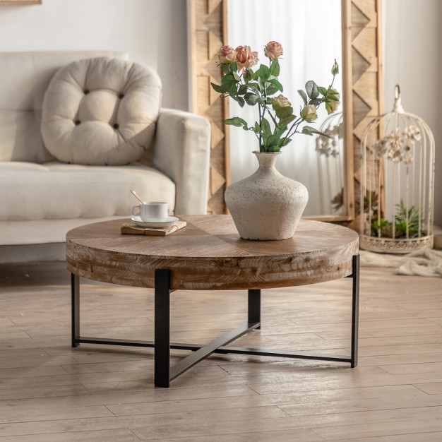 Modern Retro Splicing Fir Wood Top Round Coffee Table With Cross Legs Metal Base Modernluxe