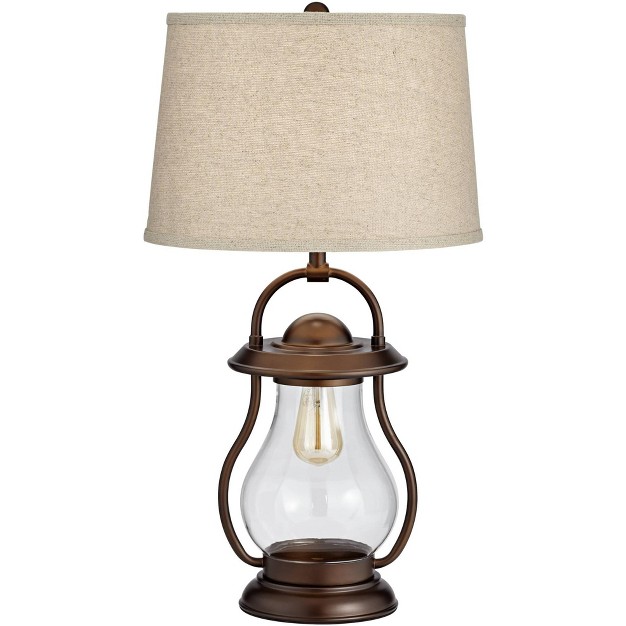 Tall Bronze Lantern With Led Nightlight Burlap Drum Shade For Bedroom Bedside Office Home