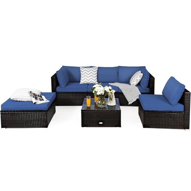 Costway 6pcs Outdoor Patio Rattan Furniture Set Cushioned Sectional Sofa Navy black turquoise