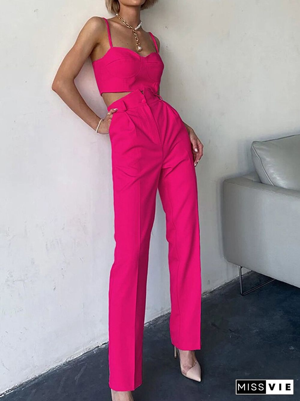 Women Sexy Sling V-Neck Backless Short Tops And High Waist Straight Pants Suit Fashion Solid 2 Piece Sets Slim Sleeveless Suits