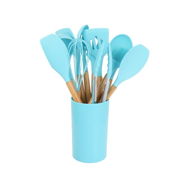 12 Piece Turquoise Silicone and Wood Cooking Utensils