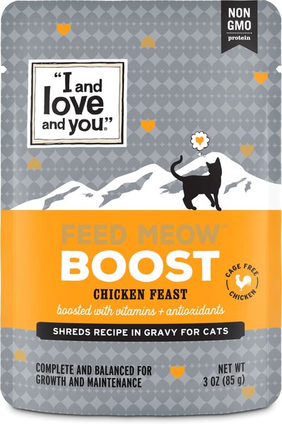 I and Love and You Feed Meow Boost Chicken Grain Free Chunks In Gravy Wet Cat Food， 3-oz pouch， case of 24