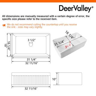 DEERVALLEY Solstice White Fireclay 33 in. L x 18 in. W Rectangular Single Bowl Farmhouse Apron Kitchen Sink with Grid and Strainer DV-1K502