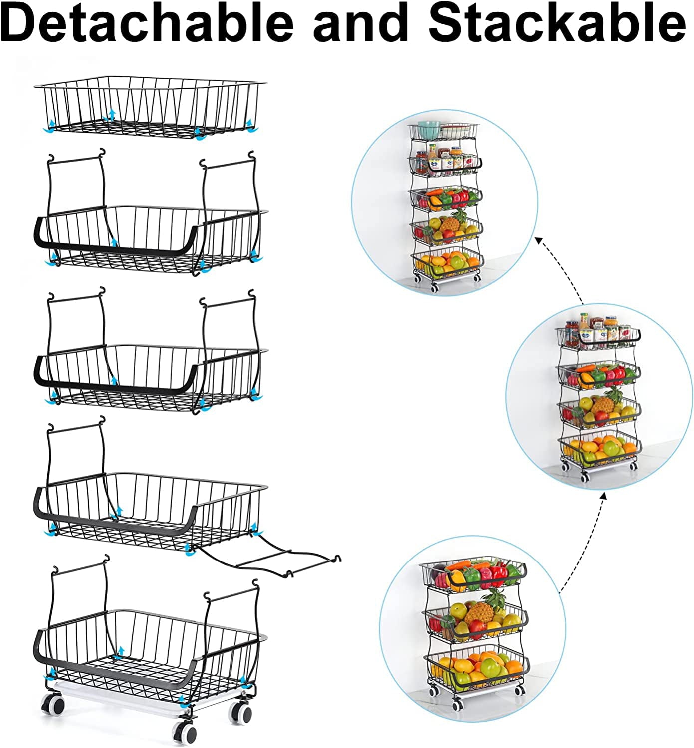 5 Tier Fruit Storage Basket Stand Kitchen Rolling Cart Vegetable Fruit Rack