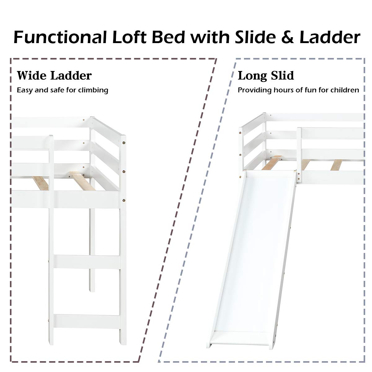 Costzon Twin Loft Bunk Bed with Slide, Built-in Ladder and Guard Rail