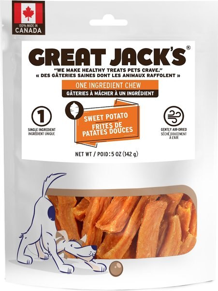 Great Jack's Air Dried Sweet Potato Chews Dog Treats， 5-oz bag