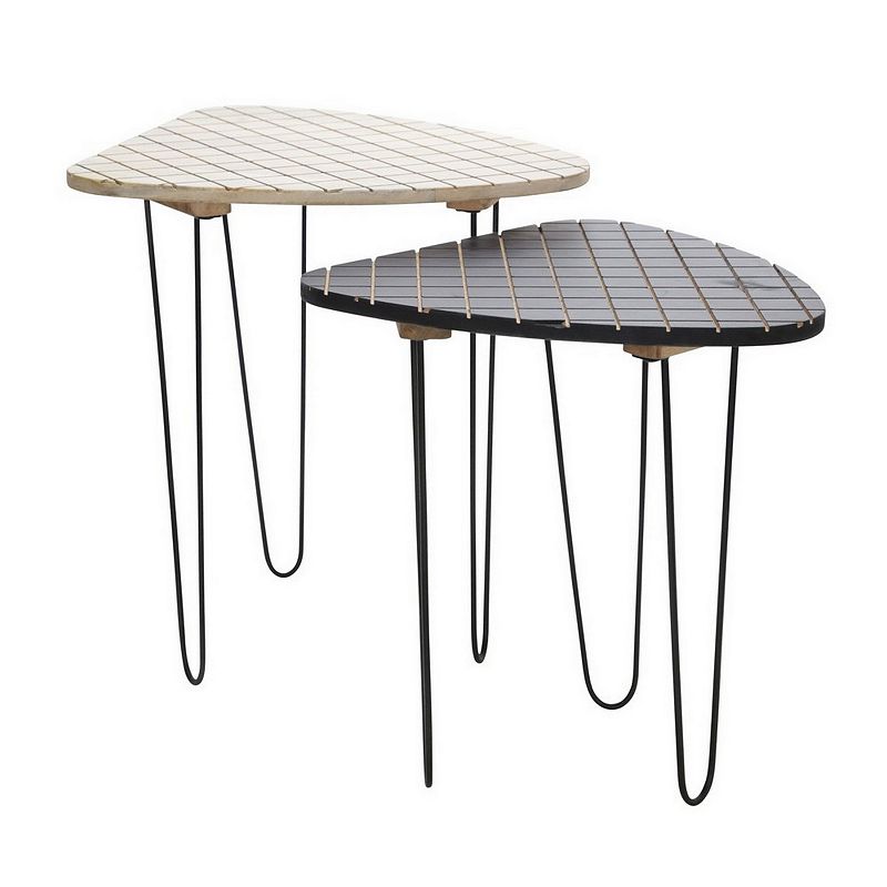 Checkered Wood Top Accent Table with Hairpin Legs， Set of 2，Black and White