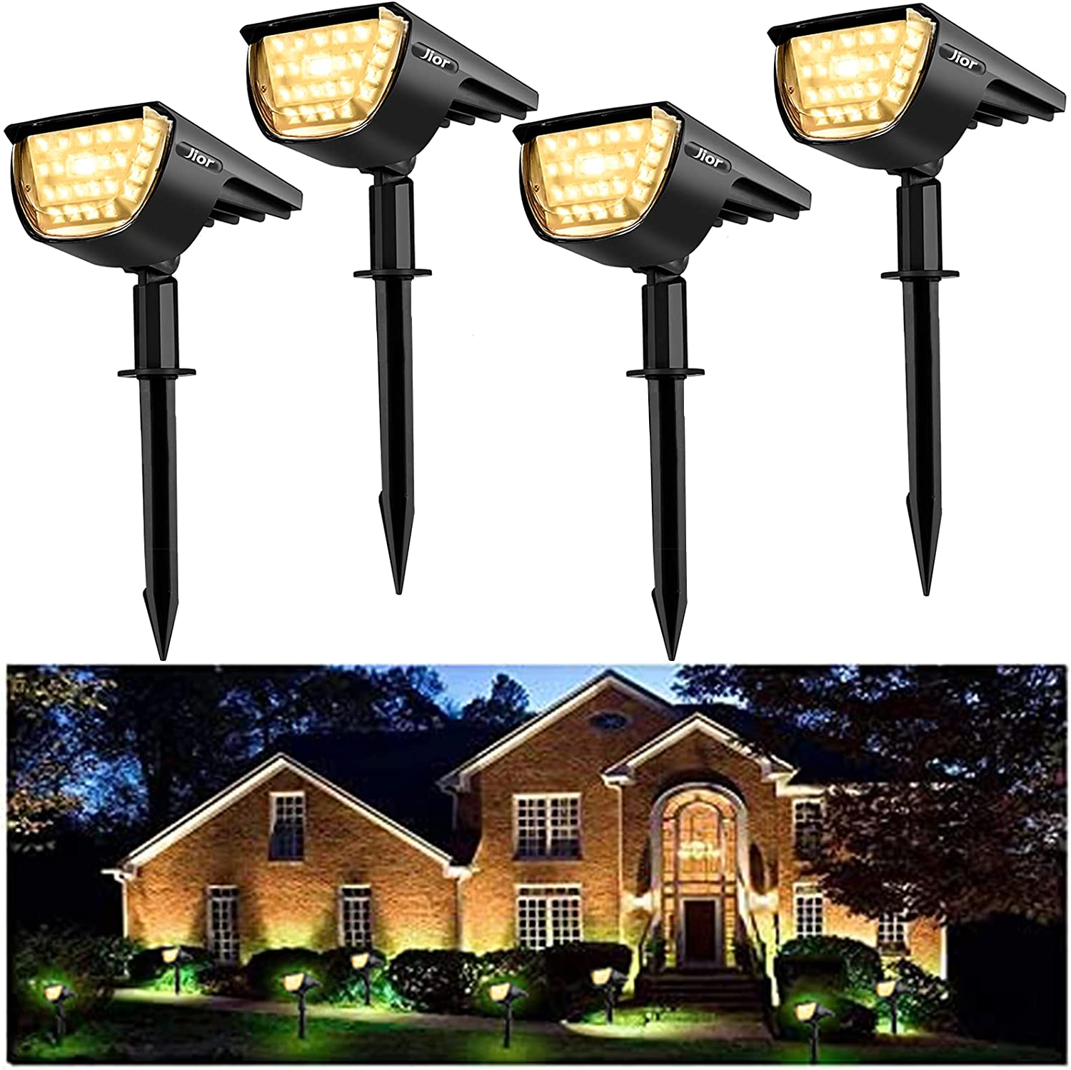 JIOR Solar Landscape SpotLights Outdoor 32 LED IP65 Waterproof Solar Powered Wall Lights 2-in-1 Adjustable Lights for Garden Yard Driveway Walkway Pool Patio 4 Pack (Warm White)