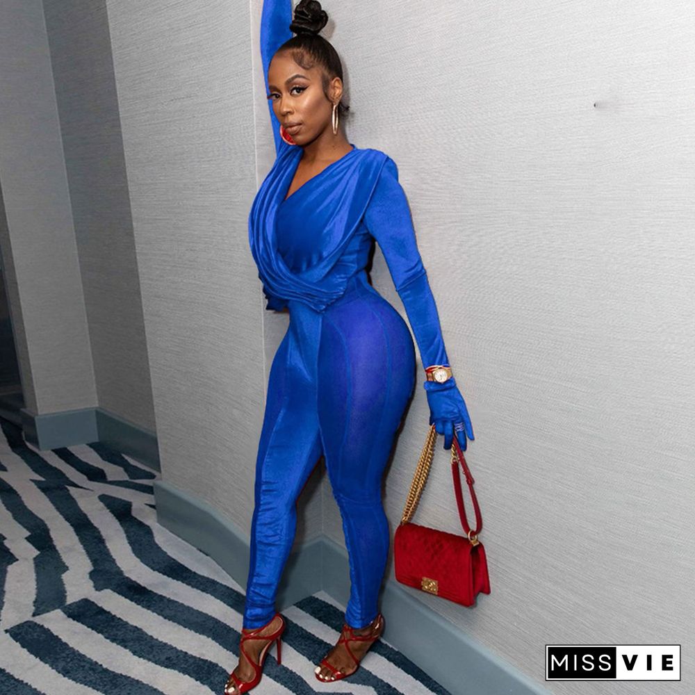 Velvet Mesh Patchwork Long Sleeve Party Jumpsuit