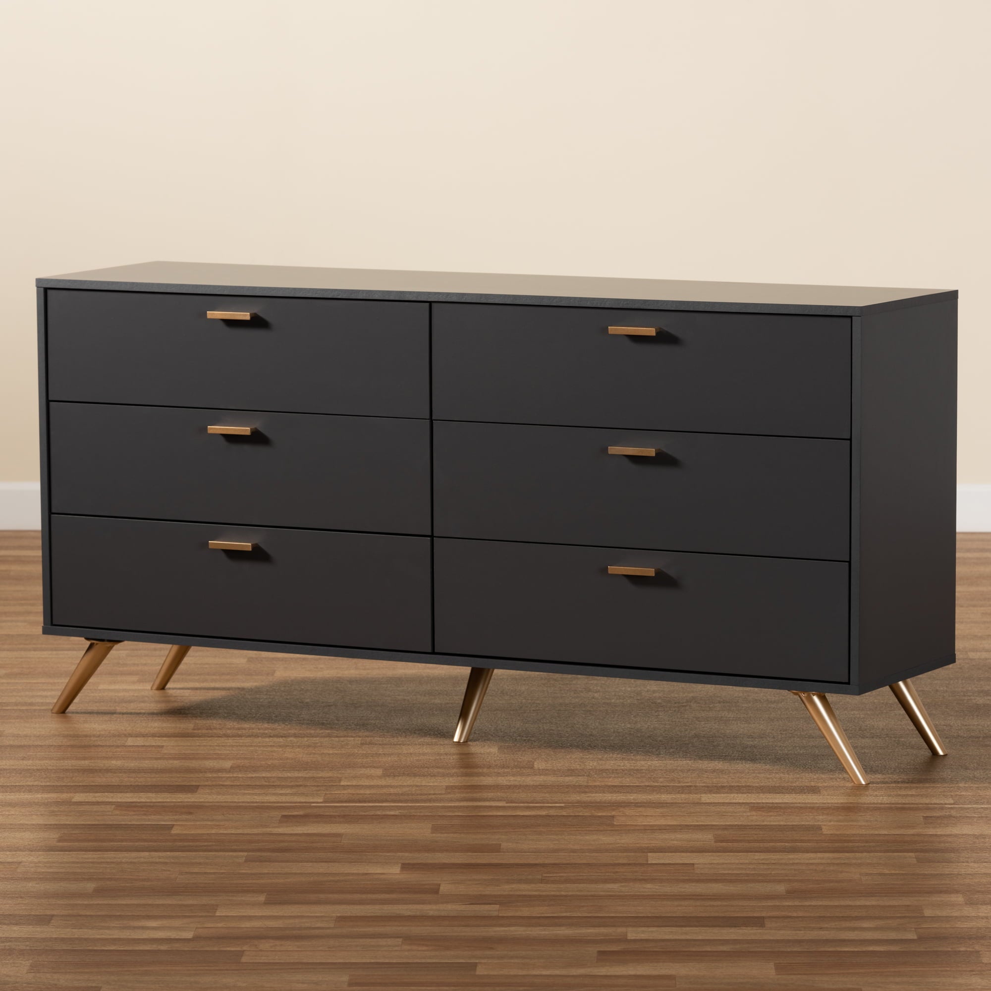 Baxton Studio Kelson Modern and Contemporary Dark Grey and Gold Finished Wood 6-Drawer Dresser