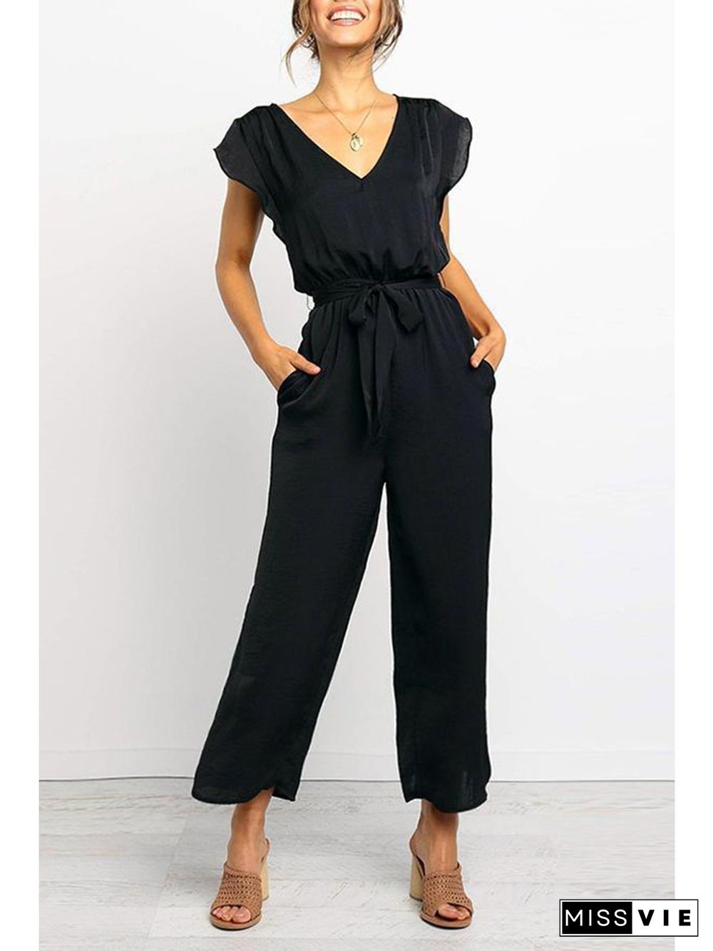 Basic Chiffon Lace Up V Neck Jumpsuit P10119