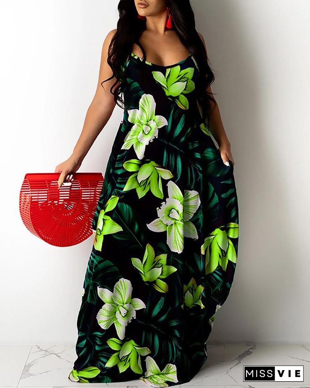 Floral Leaf Print Spaghetti Strap Maxi Dress