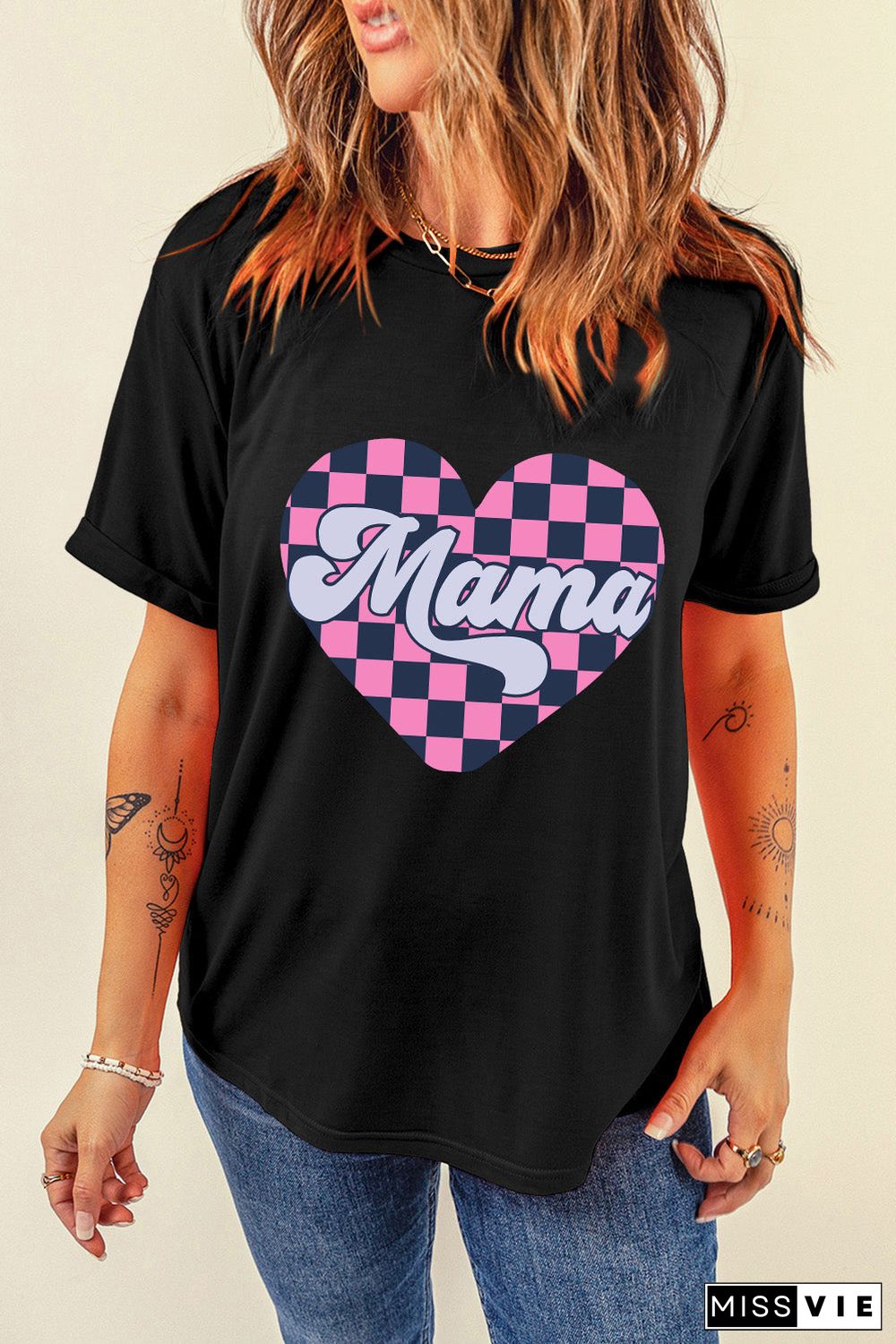 Black Mama Checkered Heart Shape Print Crewneck T Shirt