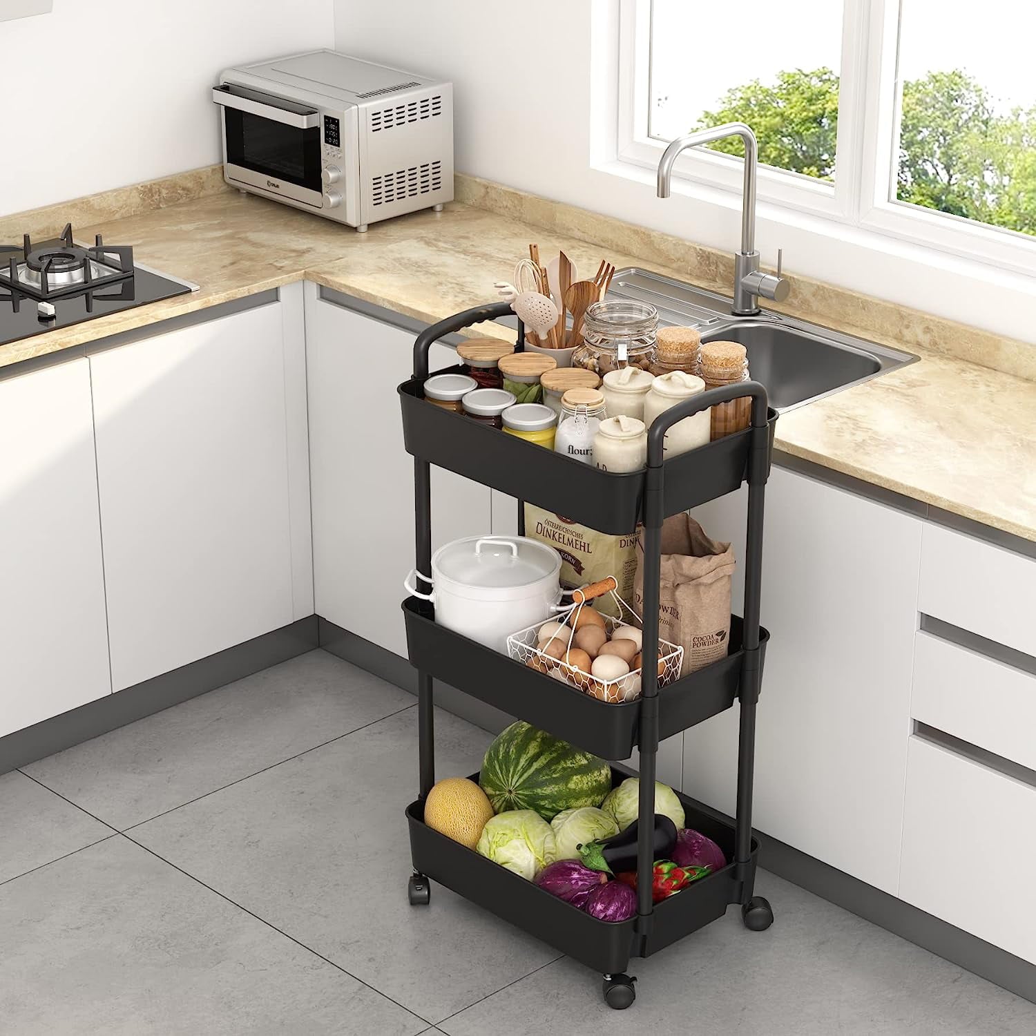 LEZZYRUCK Rolling Utility Cart 3-Tier Rolling Cart with Wheels Storage Organizer for Kitchen Black