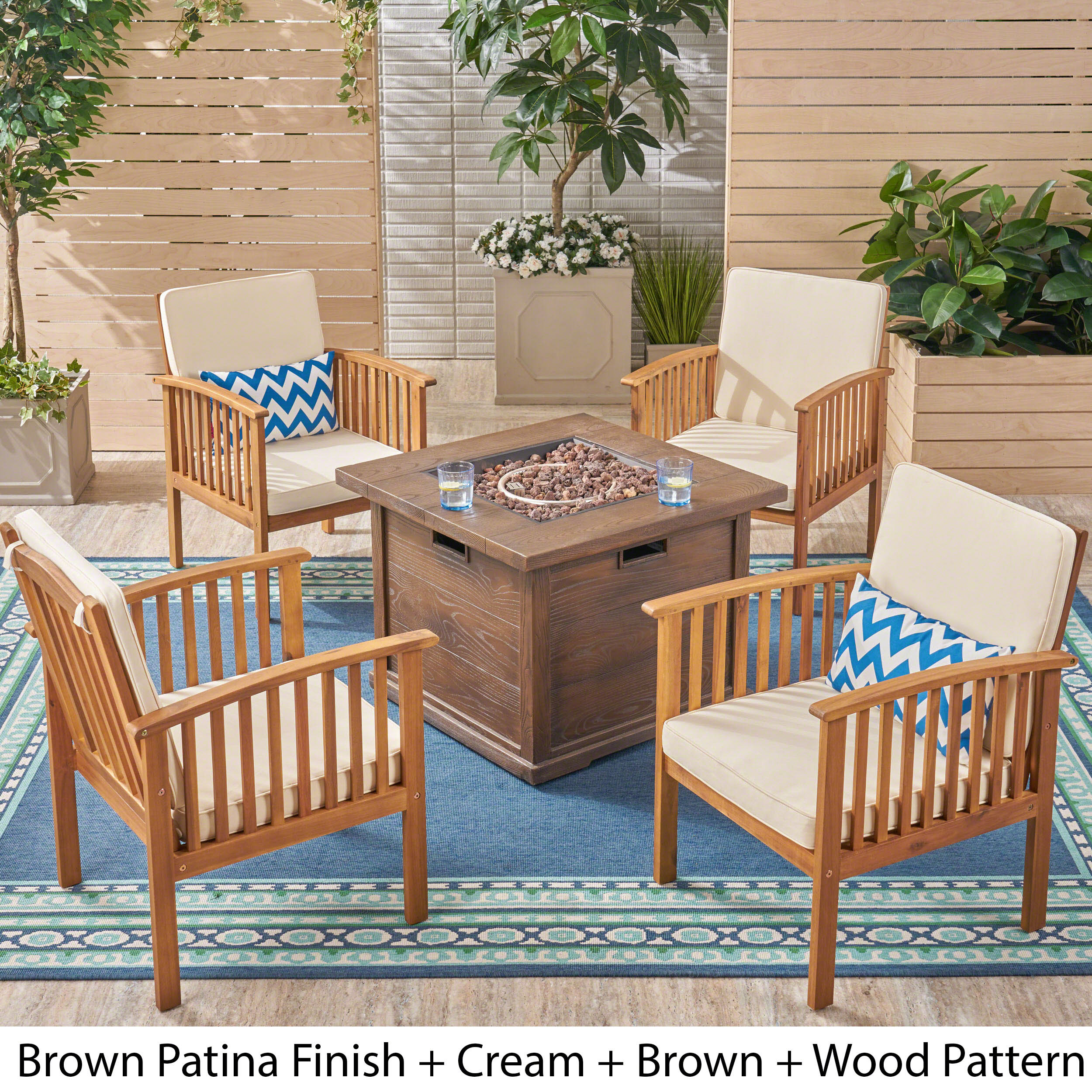 Cape Outdoor 4-Seater Acacia Wood Club Chairs with Firepit