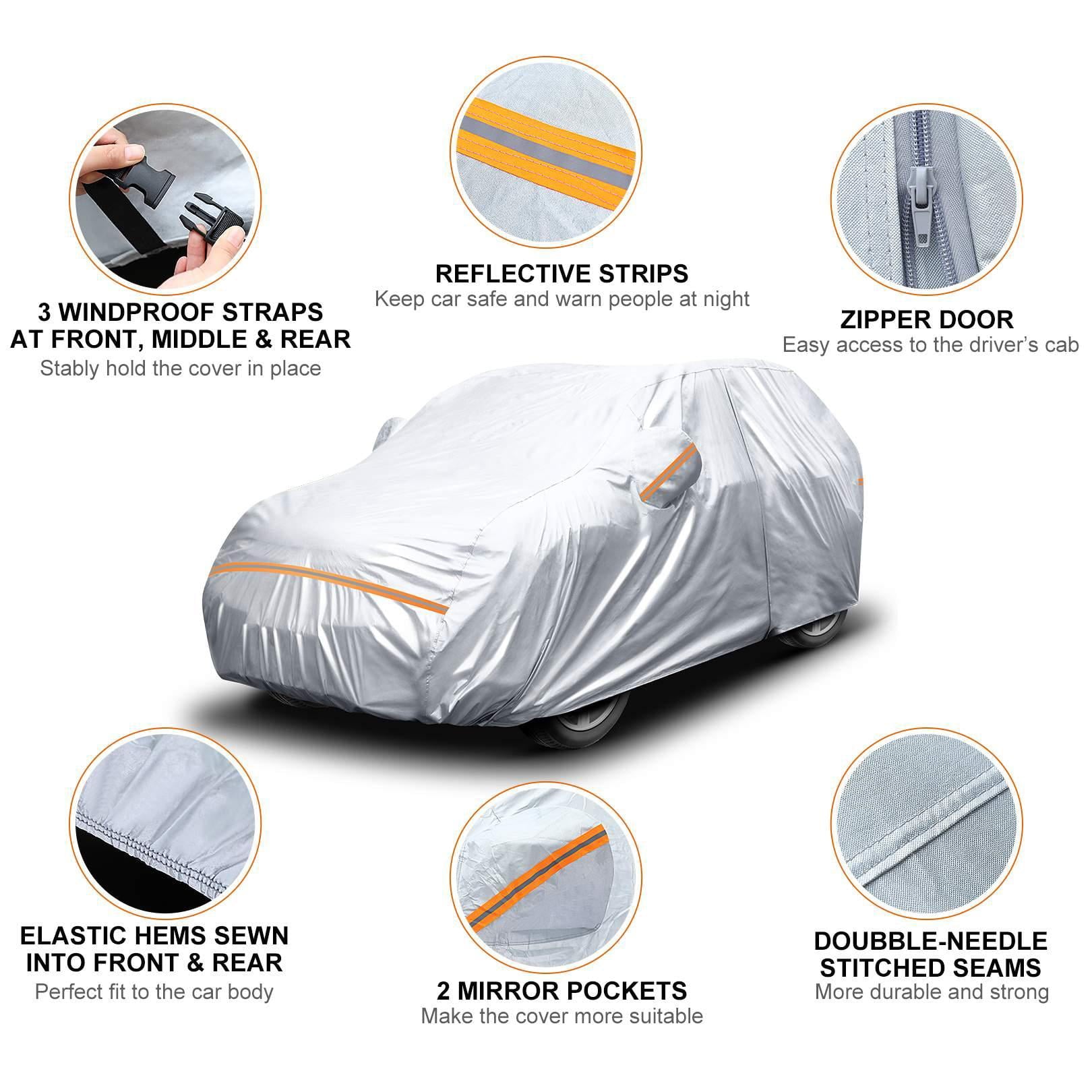 6 Layers Car Cover Waterproof All Weather for Automobiles， Outdoor Full Cover Rain Sun UV Protection with Zipper，Universal Fit for SUV(185