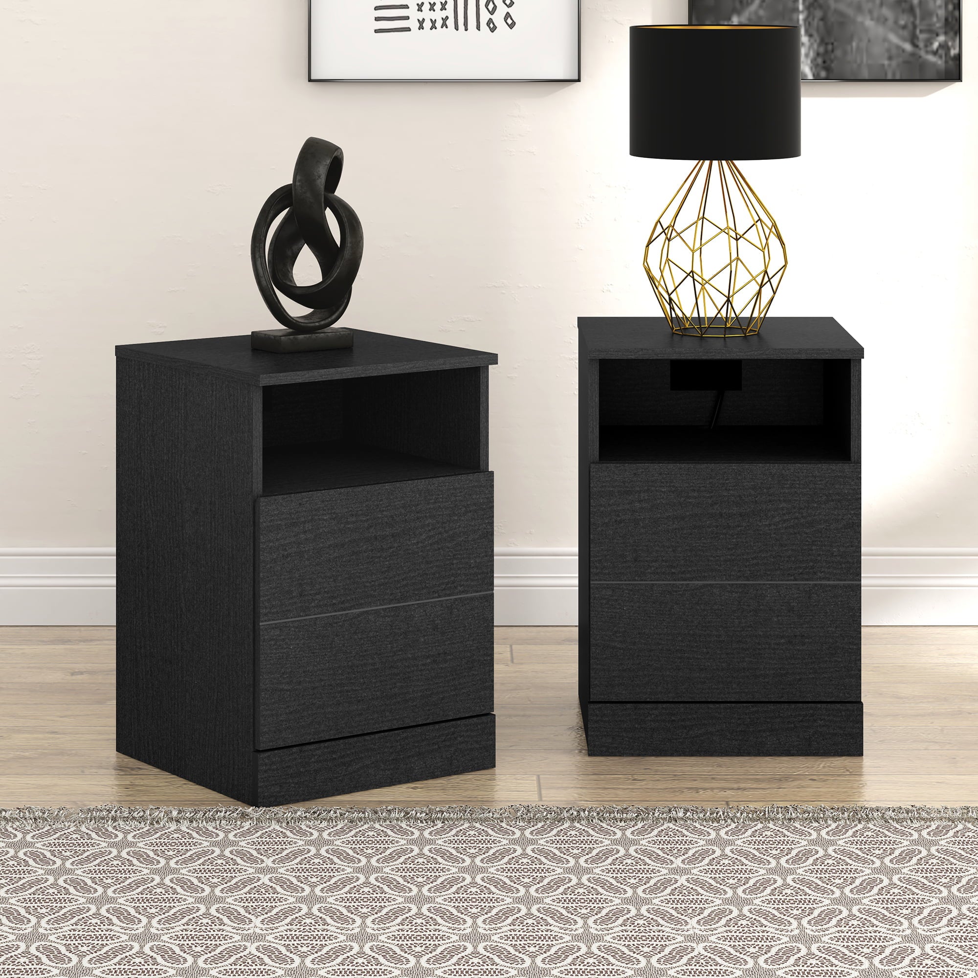 Brindle Rectangular Nightstands with USB and Storage, Set of 2, Black Oak