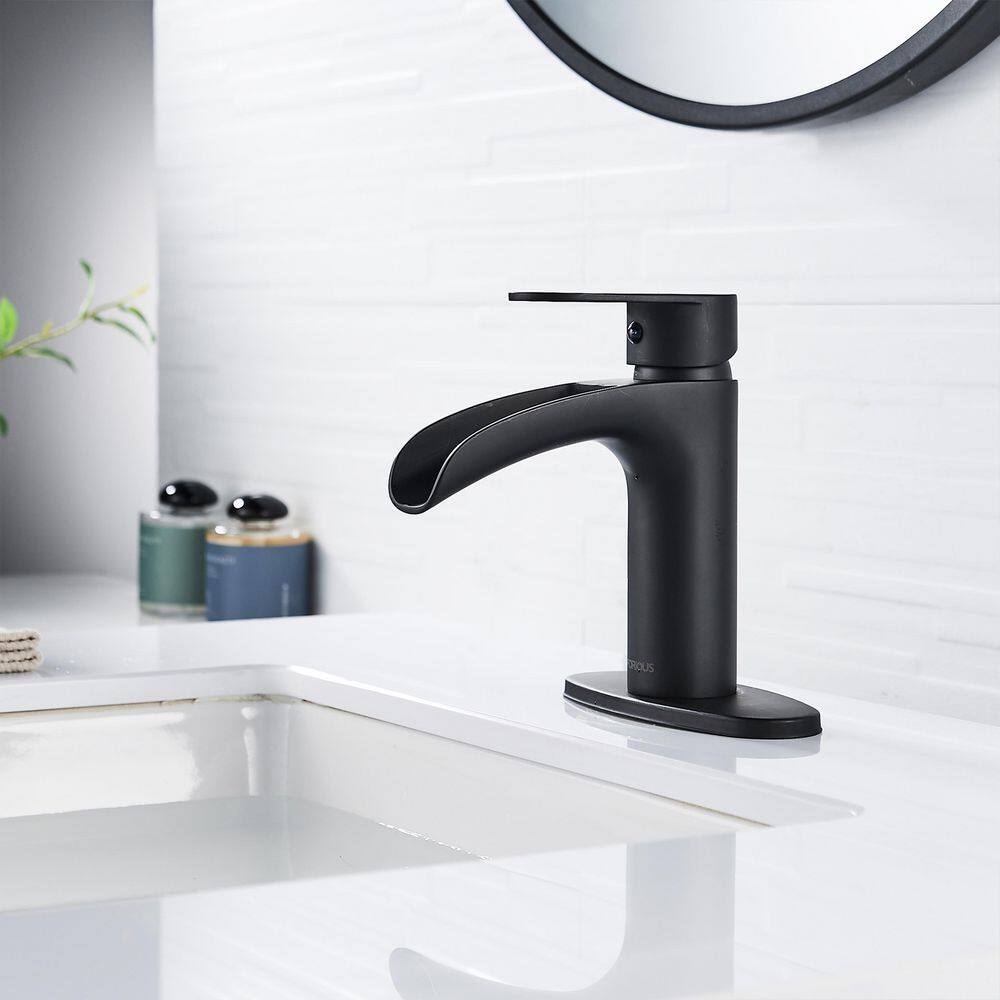 FORIOUS Waterfall Single Handle Bathroom Faucet with Metal Pop-Up Drain Bathroom Sink Faucet Matte Black in Bathroom HH0302BD