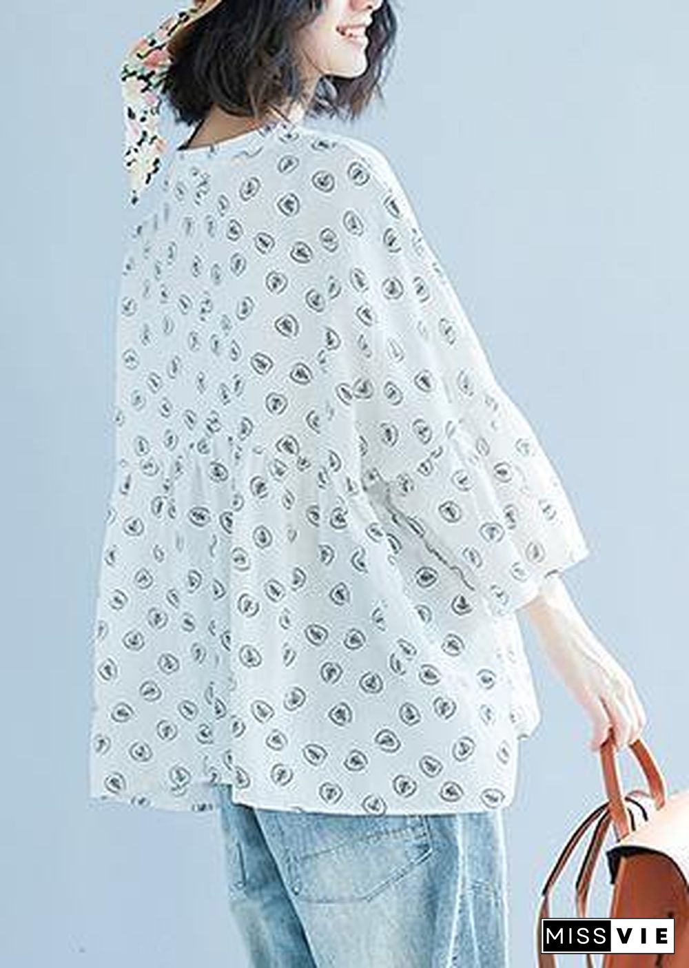 DIY White Print Chiffon Blouse Korea Batwing Sleeve V Neck Tunic Summer Shirt﻿