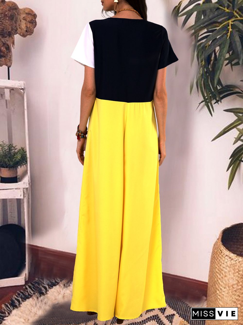 Women Casual Solid Color Cotton V Neck Plus Size Maxi Dresses