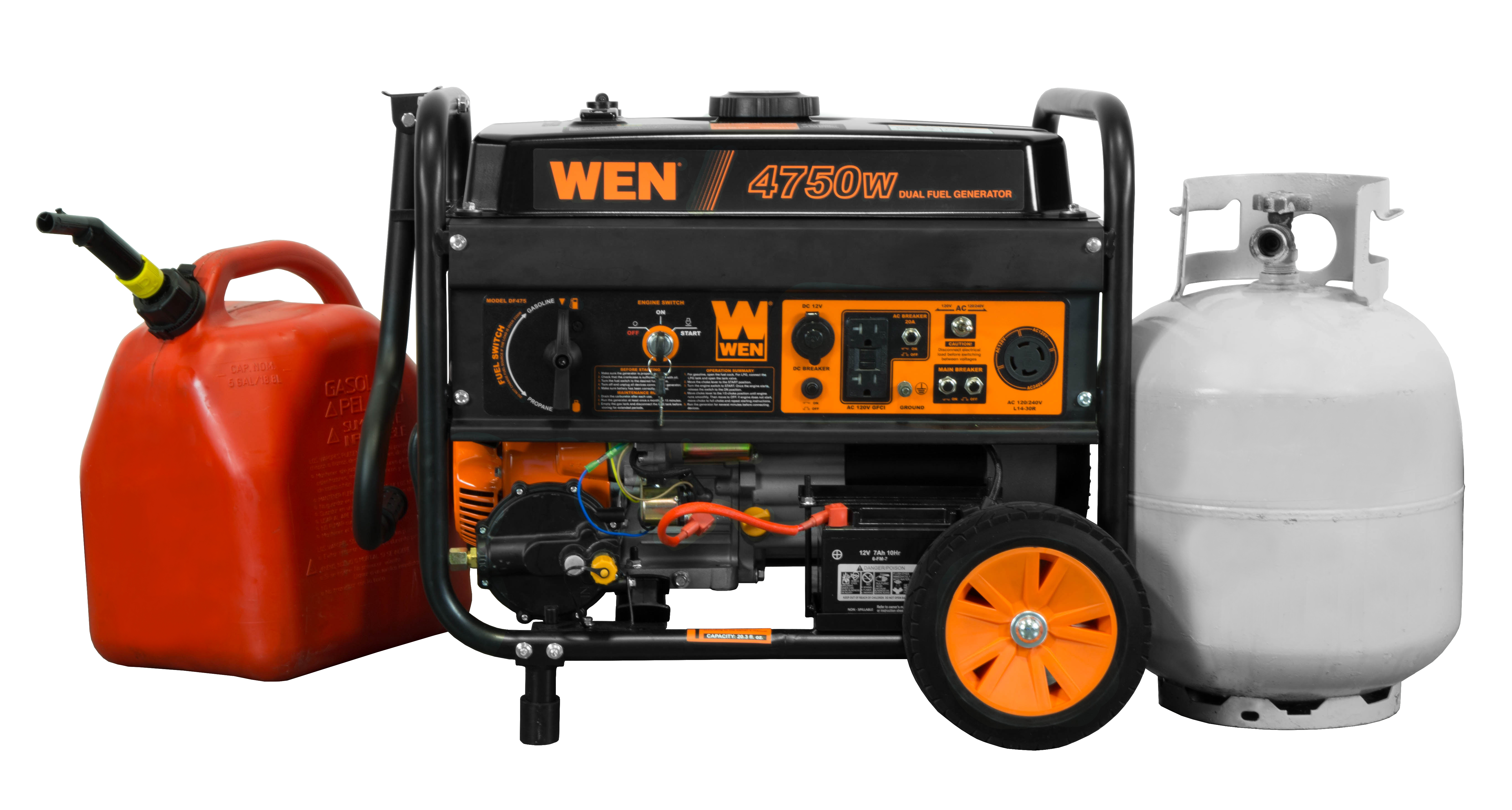 WEN 4，750/3，800-Watt 120-Volt/240-Volt Dual Fuel Gasoline and Propane Powered Electric Start Portable Generator w/ Wheel Kit