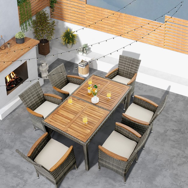 Costway 7pcs Patio Rattan Dining Set Acacia Wood Table Cushioned Chair Mix Gray