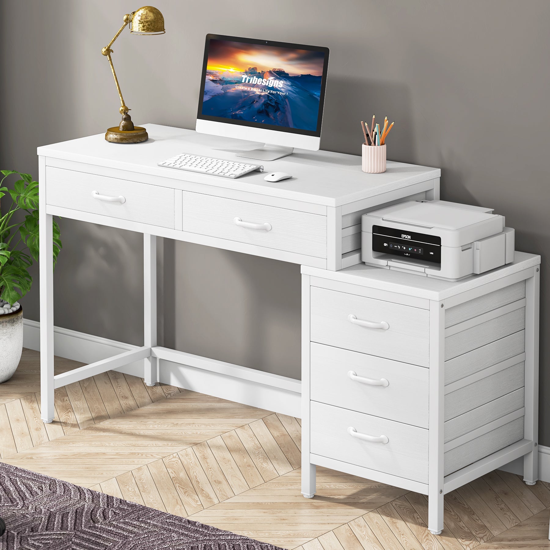 5-Drawer Computer Desk, Study Writing Table with Reversible Drawer Cabinet