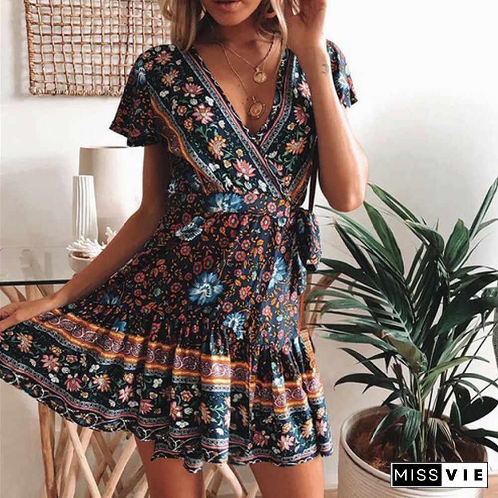 Summer Women Dress Fashion Boho Style Floral Mini Dress Casual Ruffle Sundress Ladies Party Dresses Flower Print Ladies Dresses